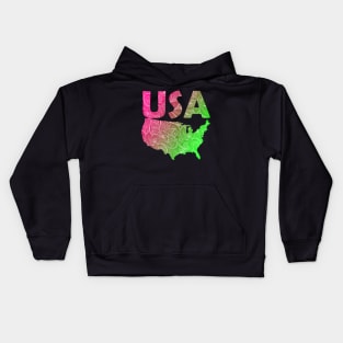 Colorful mandala art map of the United States of America with text in pink and green Kids Hoodie
